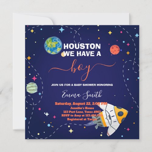 Outer Space Houston We Have A Boy Baby Shower Invitation
