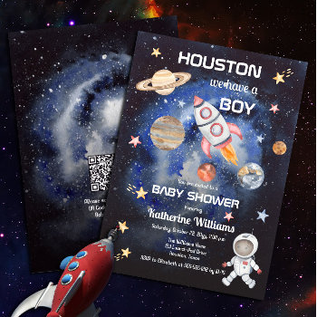Outer Space Houston We Have A Boy Qr Baby Shower Invitation by holidayhearts at Zazzle