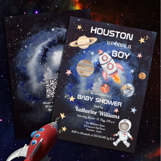 Outer Space Houston We Have a Boy QR Baby Shower Invitation (Creator Uploaded)