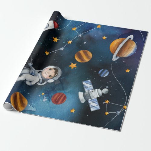 Outer Space Kids Birthday Watercolor Wrapping Paper