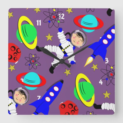 Outer Space Kids Space Rocket Astronaut Pattern Square Wall Clock