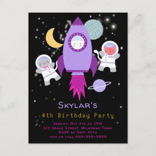 Outer Space Kittens Cat Astronaut Birthday Purple Invitation Postcard