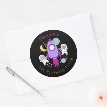 Outer Space Kittens Cat Astronaut Girls Birthday Classic Round Sticker by LilPartyPlanners at Zazzle