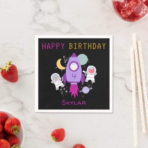 Outer Space Kittens Cat Astronaut Girls Birthday Napkins