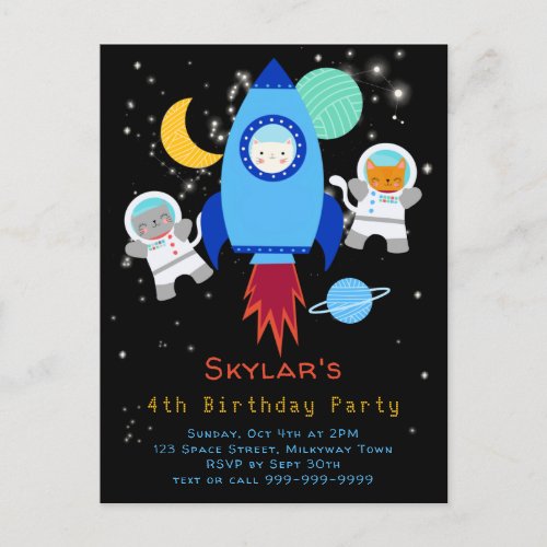 Outer Space Kittens Cat Astronaut Kids Birthday Invitation Postcard