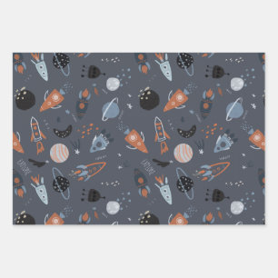 Outer space liftoff wrapping paper sheets
