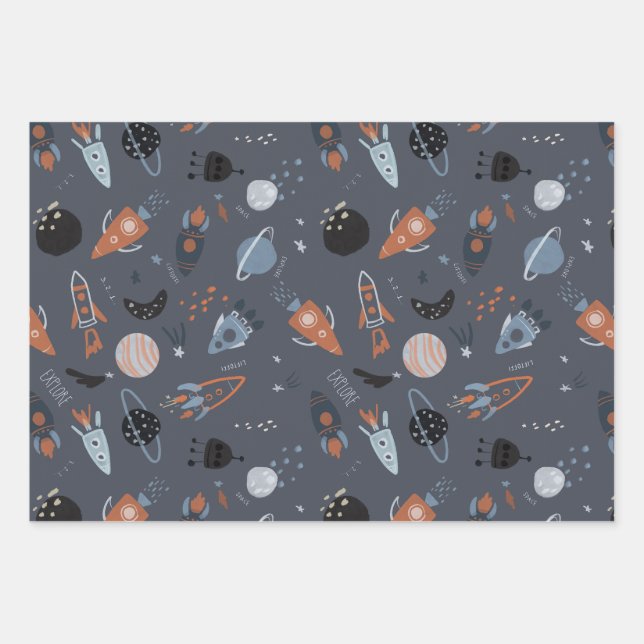 Outer space liftoff wrapping paper sheets (Front)