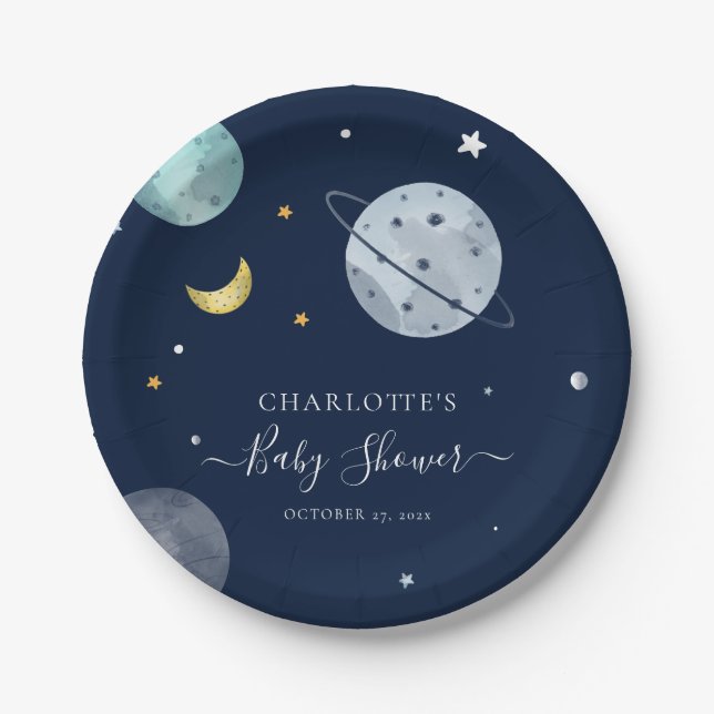 Outer Space Modern Baby Shower Paper Plates (Front)