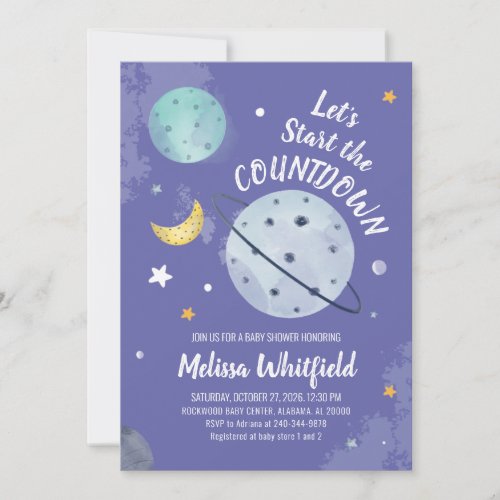 Outer Space Modern Script Planets Baby Shower Invitation