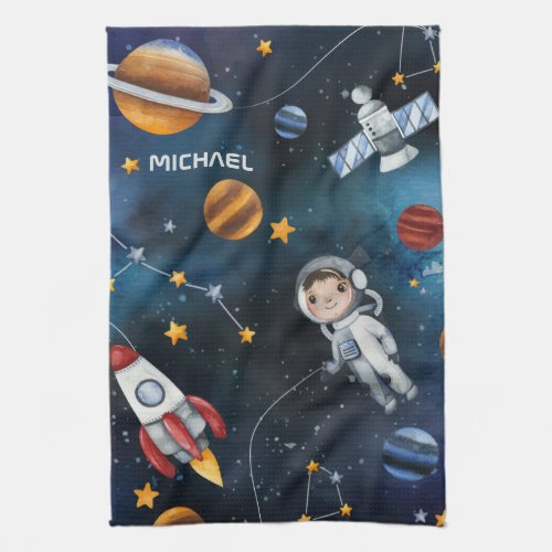 Outer Space Moon Stars Astronaut Personalized Kitchen Towel