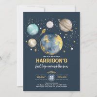 Outer Space Moon Stars Trip Around Sun Birthday Invitation