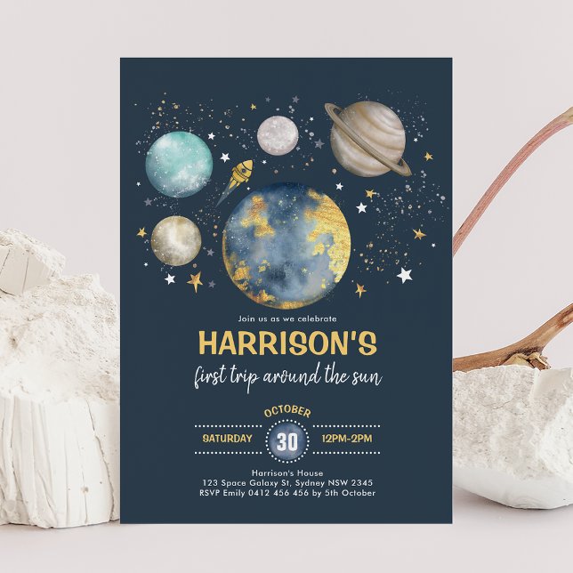 Outer Space Moon Stars Trip Around Sun Birthday Invitation (Creator Uploaded)