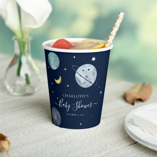Outer Space Navy Blue Modern Baby Shower Paper Cups