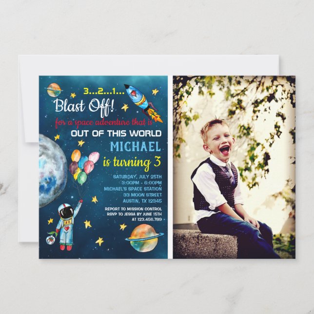 Outer Space Party Astronaut Photo Balloon Rocket Invitation (Front)