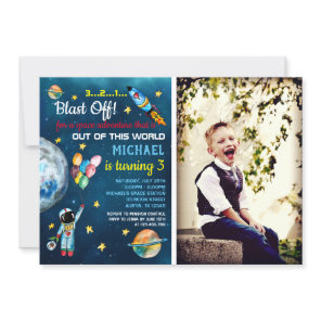 Outer Space Party Astronaut Photo Balloon Rocket Invitation
