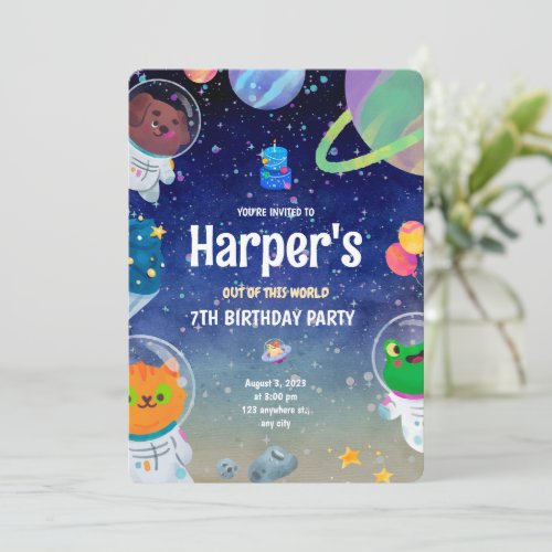 Outer Space Party Planet Animals Birthday  Invitation