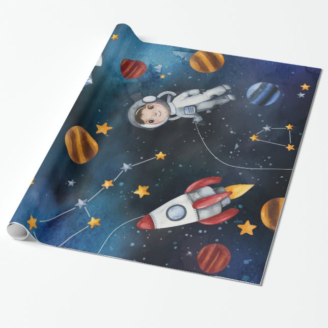 Outer Space Pattern Astronaut Illustration Wrapping Paper (Unrolled)