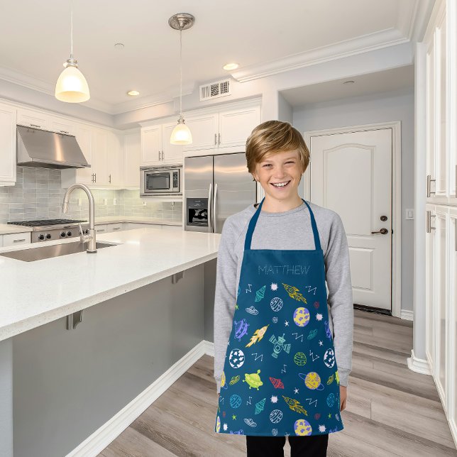 Outer Space Pattern Doodle Monogram | Dark Blue Apron (Creator Uploaded)