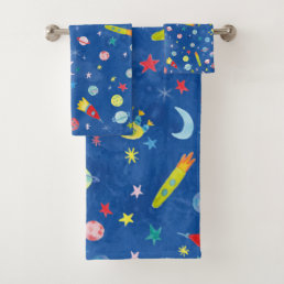 Outer Space Pattern UFO Watercolor Bath Towel Set
