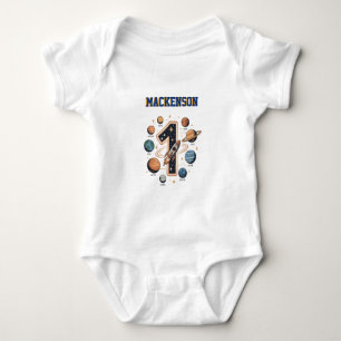 Outer space personalized name 1st Birthday party Baby Bodysuit
