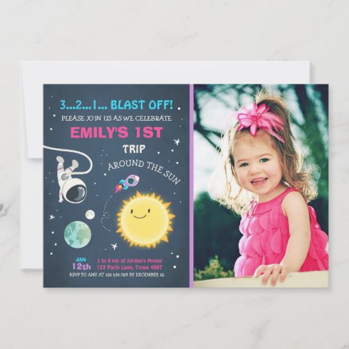 Outer Space Pink Girl 1st Birthday Invitation