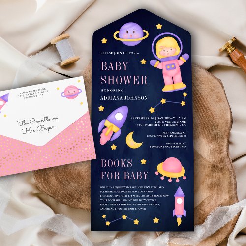 Outer Space Pink Girl Astronaut Navy Baby Shower All In One Invitation