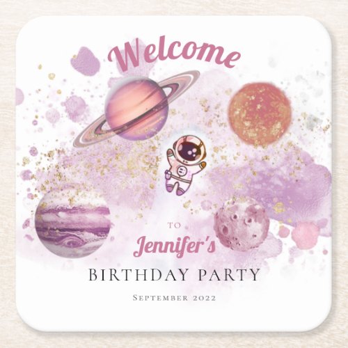Outer Space Pink Girl Rocket Planets Galaxy Square Paper Coaster