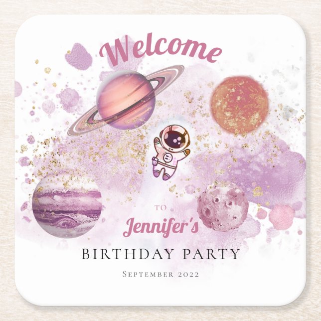 Outer Space Pink Girl Rocket Planets Galaxy Square Paper Coaster (Front)