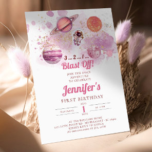 Outer Space Pink Planets Girl First Birthday Invitation