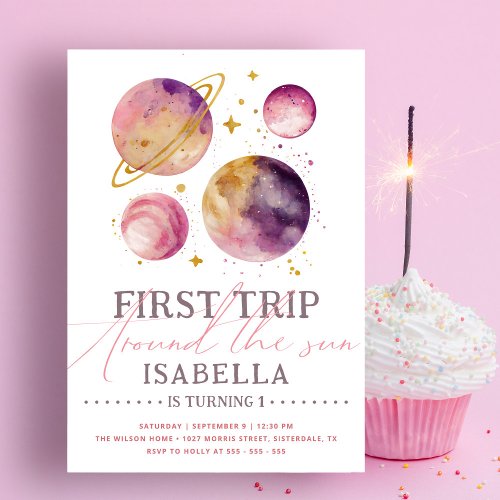 Outer Space Pink Watercolor Cute Girl 1st Birthday Invitation