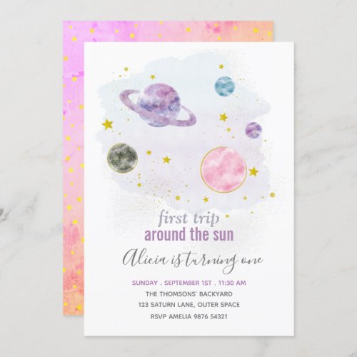 Outer Space Planet Girl First Birthday Invitation