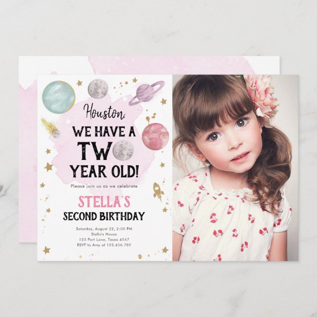 Outer Space Planet Girl Second Birthday Invitation (Front/Back)