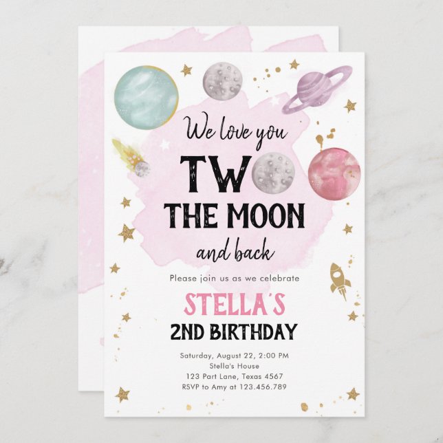 Outer Space Planet Girl Second Birthday Invitation (Front/Back)