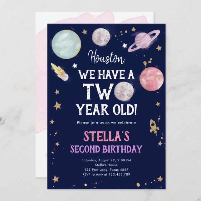 Outer Space Planet Girl Second Birthday Invitation (Front/Back)