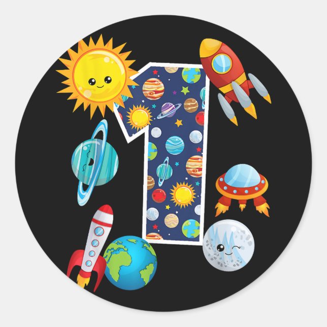 Outer Space Planet Guide 1 Year Old 1st Birthday P Classic Round Sticker (Front)