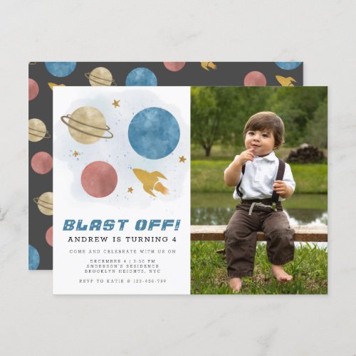 Outer Space Planet Watercolor 4th Birthday Photo Postcard