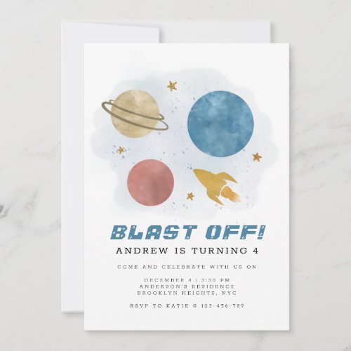 Outer Space Planet Watercolor Fourth Birthday Invitation