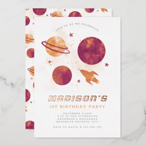 Outer Space Planet Watercolor Girl First Birthday  Foil Invitation
