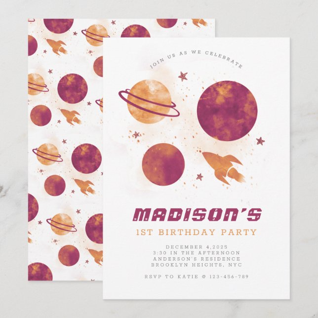 Outer Space Planet Watercolor Girl First Birthday Invitation (Front/Back)