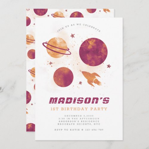 Outer Space Planet Watercolor Girl First Birthday Invitation