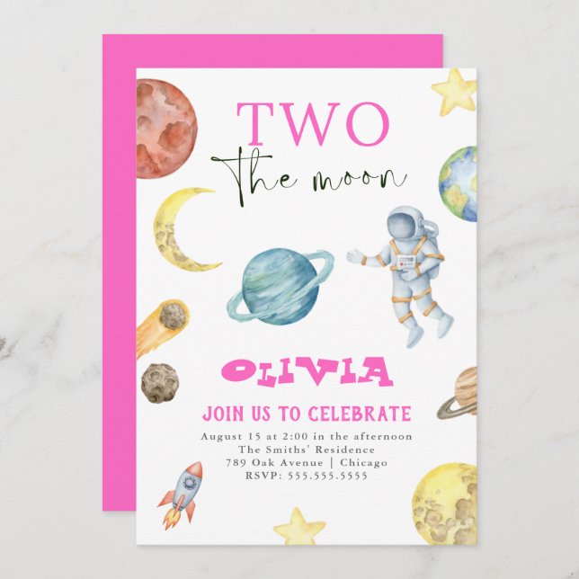 Outer Space Planets 2nd Birthday Girls Invitation (Front/Back)