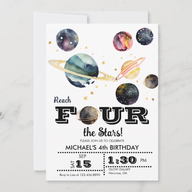 Outer Space  | Planets and Stars | 4th Birthday   Invitation (Front)