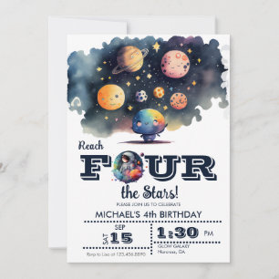 Outer Space Planets and Stars 4th Birthday Invitation
