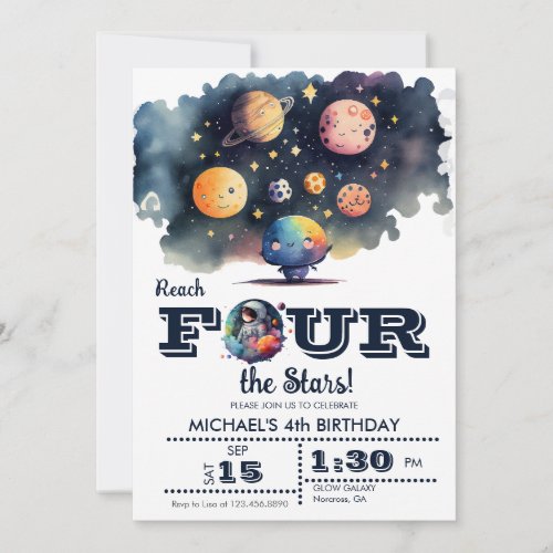 Outer Space   Planets and Stars  4th Birthday   Invitation