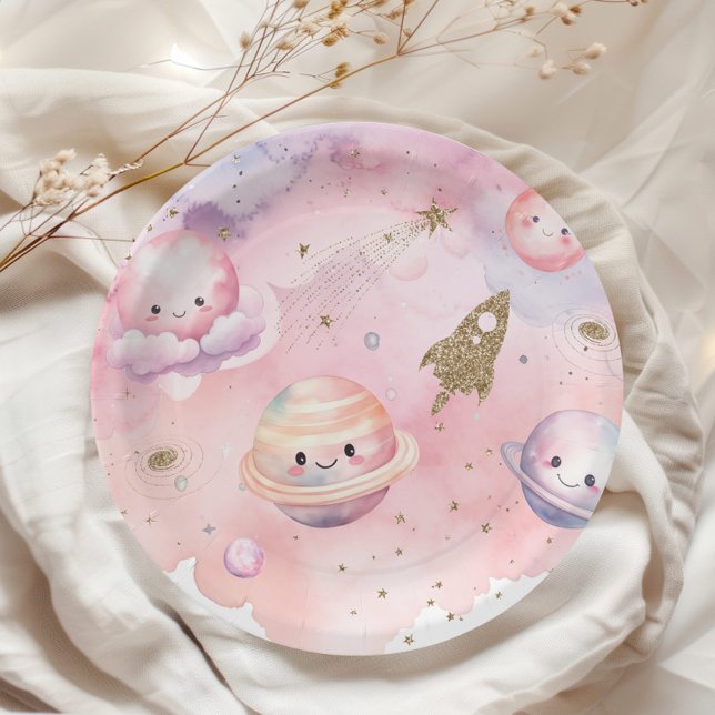 Outer space Planets and stars pink girl birthday Paper Plates (Creator Uploaded)