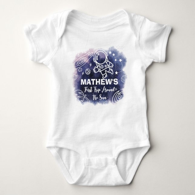 Outer Space Planets Astronaut 1st Birthday Boy Baby Bodysuit (Front)