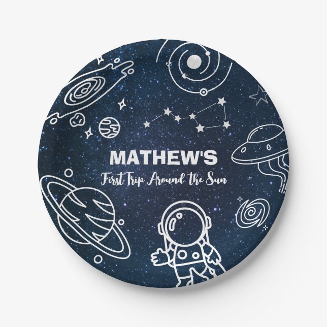 Outer Space Planets Astronaut 1st Birthday Boy Paper Plates (Front)