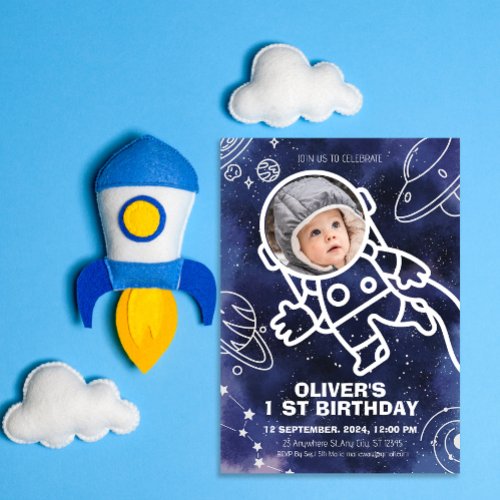 Outer Space Planets Astronaut 1st Birthday Invitation