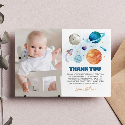 Outer Space Planets Birthday Photo Thank You Card