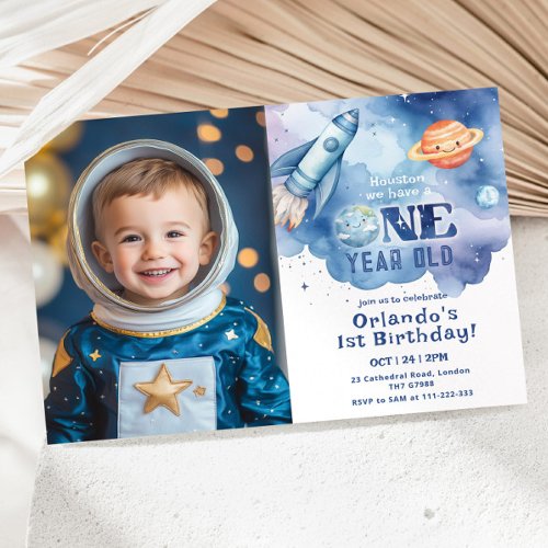 Outer space planets Boy 1st birthday photo Invitation